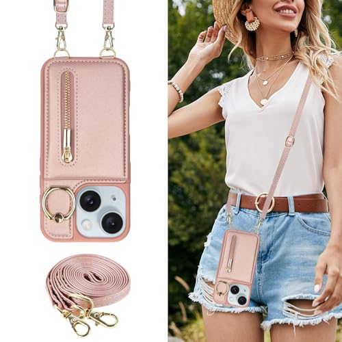 Crossbody Wallet Case for iPhone 11, with Card Slots Zipper Pocket Case, Flip Folio Purse RFID Blocking with Ring Kickstand Detachable Strap-Pink - color: Pink, size: iPhone 11(6.1")