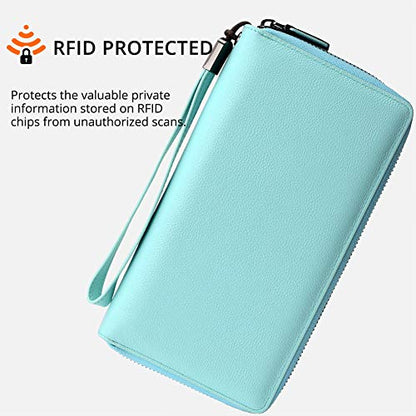 Bveyzi Women RFID Blocking Wallet Leather Zip Around Phone Clutch Large Capacity Ladies Travel Purse Wristlet - color: Light Blue