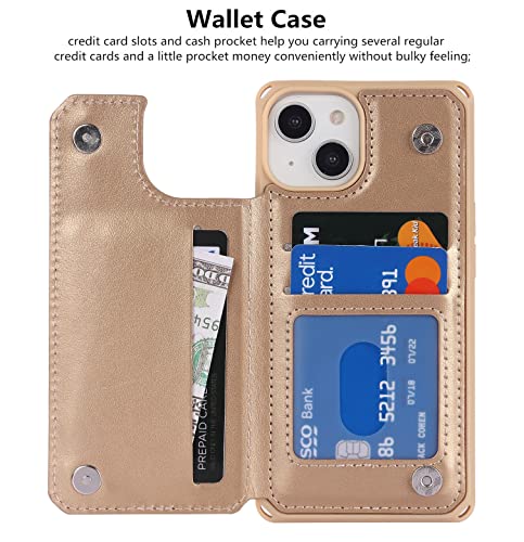 iCoverCase Compatible with iPhone 14 Wallet Phone Case with Card Holder for Women, RFID Blocking Embossed PU Leather Wrist Strap Case 6.1 Inch (Heart Gold) - color: H-Gold