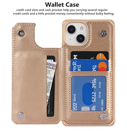 iCoverCase Compatible with iPhone 14 Wallet Phone Case with Card Holder for Women, RFID Blocking Embossed PU Leather Wrist Strap Case 6.1 Inch (Heart Gold) - color: H-Gold
