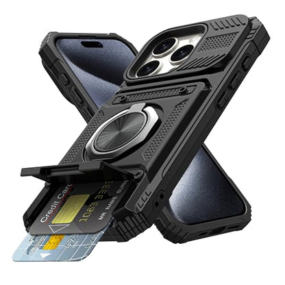 Vofolen for iPhone 15 Pro Max Case Wallet with Card Holder [Store 2 Cards] | 360° Magnetic Rotated Ring Kickstand, Heavy Duty Shockproof Protection Wallet Phone Case for iPhone 15 Pro Max 6.7'' Black - color: Black