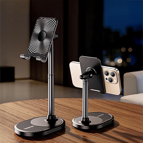 Phone Stand for Desk, Height Adjustable Desktop Phone Holder, 270°Angle Adjustable Tablet Stand with Weighted Base and Aluminum Alloy Support Rod for Phone and Tablet 4"-11" - color: Black