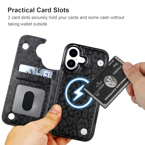 HAOPINSH Wallet Case for iPhone 17, Compatible with MagSafe Wireless Charging, Black Leopard Cheetah Pattern Back Flip Folio Leather Kickstand Card Slots Case Double Magnetic Clasp Cover 6.3" - color: Black Leopard for MagSafe