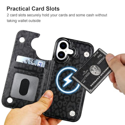 HAOPINSH Wallet Case for iPhone 17, Compatible with MagSafe Wireless Charging, Black Leopard Cheetah Pattern Back Flip Folio Leather Kickstand Card Slots Case Double Magnetic Clasp Cover 6.3" - color: Black Leopard for MagSafe