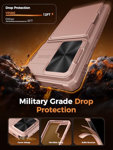Vihibii for Samsung Galaxy S26 Ultra Case, 2X Screen Protector, Rose Gold | Card Holder (4 Cards), 9H Hardness, RFID Blocking, Slide Lens Cover, Military-Grade Drop Protection Wallet Case, Rose Gold - color: Rose Gold-SP