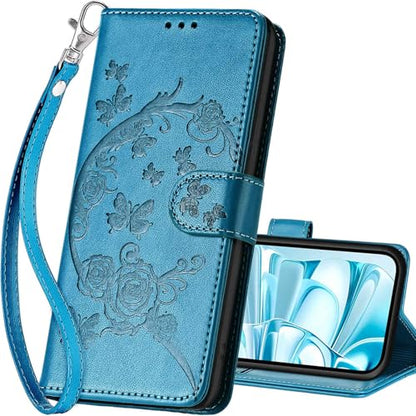 for iPhone 16 Wallet case, Blue-Flower | 3 Card Holders, Kickstand, Shockproof TPU Shell, PU Leather, Magnetic Closure, Protective Flip Folio Cover, Women - color: 7
