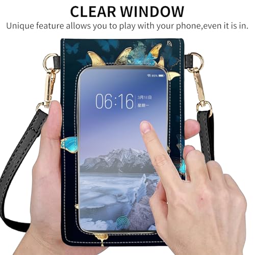 for Women Cell Phone Purse,with Touchscreen Cell Phone Purse,PU Leather Shoulder Bag Waterproof Phone Wallet Case with Clear Touch Screen Window up to 6.7 inch Smartphone, - color: Gold Blue Butterfly-119