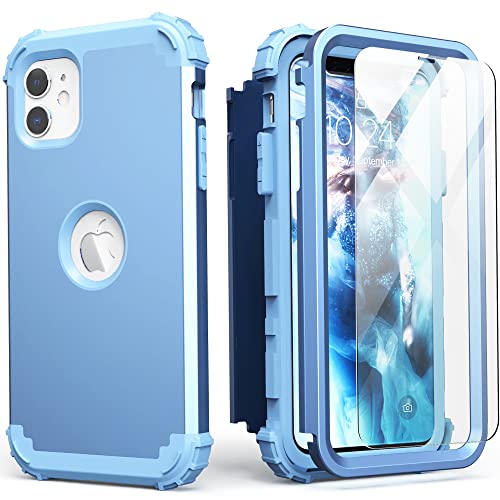 IDweel for iPhone 11 Case with Screen Protector(Tempered Glass), Hybrid 3 in 1 Shockproof Slim Fit Heavy Duty Protection Hard PC Cover Soft Silicone Bumper Full Body Case,Peace Blue/Peace Blue - color: Peace Blue/Peace Blue