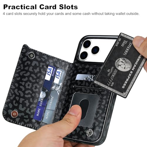 HAOPINSH Wallet Case with Card Holder for iPhone 17 Pro Max, Black Leopard Cheetah Pattern Back Flip Folio PU Leather Kickstand Card Slots Case for Women Girls Shockproof 6.9" - color: Black Leopard
