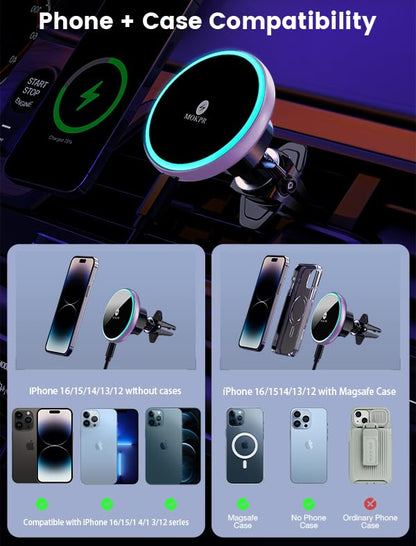 for Magsafe Car Mount Charger 15W LED RGB Car Phone Holder for Dash Vent - color: Purple