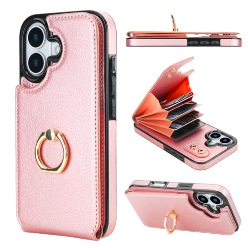 Folosu for iPhone 17 Case Wallet with Card Holder,Finger Ring Cover Rosegold - color: Rose Gold