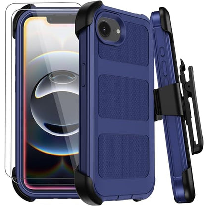 for iPhone 17e/16e Case with Belt Clip Holster,Military Grade Anti-Drop Shockproof Defender Phone Cases w/2x Screen Protectors & Kickstand,2 Layers Rugged Heavy Duty Protective Bumper Cover (Blue) - color: Blue