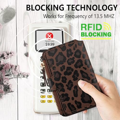 M-Plateau RFID Blocking Phone Wallet Stick on Leopard Print With Sticker | Wallet for Women Card Holder for Phone case with Snap Closure Zipper Pocket 6 Card Slots (Compatible with Most Smartphones) - color: Leopard