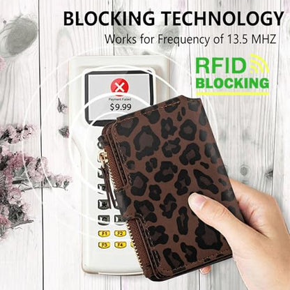 M-Plateau RFID Blocking Phone Wallet Stick on Leopard Print With Sticker | Wallet for Women Card Holder for Phone case with Snap Closure Zipper Pocket 6 Card Slots (Compatible with Most Smartphones) - color: Leopard
