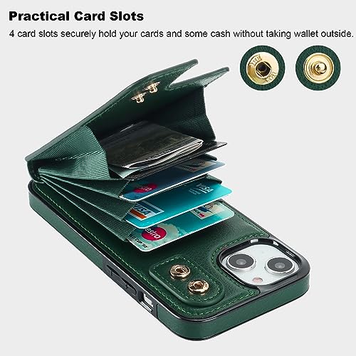 Folosu Compatible with iPhone 14 Case Wallet with Card Holder, 360°Rotation Finger Ring Holder Kickstand, RFID Blocking Leather Protective Double Buttons Shockproof Cover 6.1 Inch Dark Green - color: Dark Green, size: iPhone 14