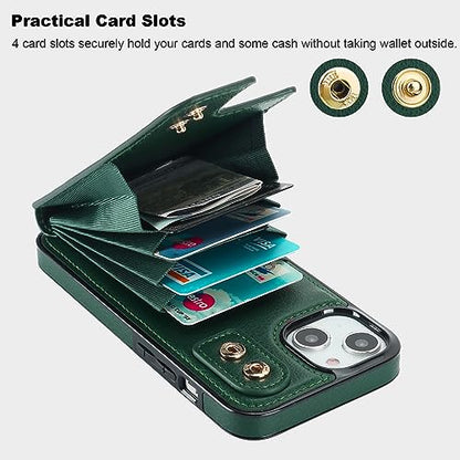 Folosu Compatible with iPhone 14 Case Wallet with Card Holder, 360°Rotation Finger Ring Holder Kickstand, RFID Blocking Leather Protective Double Buttons Shockproof Cover 6.1 Inch Dark Green - color: Dark Green, size: iPhone 14