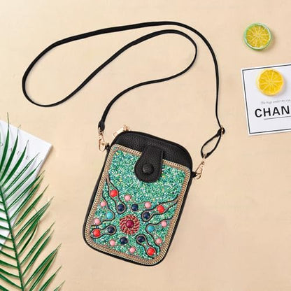 Women's Small Crossbody Cell Phone Bag, Boho Colorful Beaded Purse Wallet with Handmade Cute Patterns - color: Bead-blue