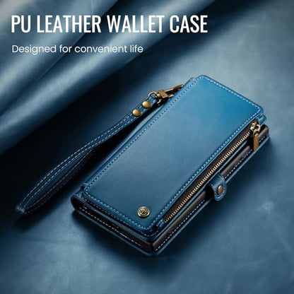 Defencase for Samsung Galaxy S23 Ultra Wallet Case with Card Holder, Blue | Durable PU Leather, with RFID Blocking Zipper Pocket, Wrist Strap, S23 Ultra Flip Phone Cases Cover with Stand for Women Men - color: Fashion Blue
