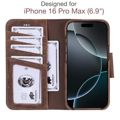 BLACKBROOK Wallet Case for iPhone 16 Pro Max – Burkley 2-in-1 Detachable Folio, MagSafe Compatible, RFID Blocking – Full Grain Leather with Natural Patina, 3 Card Slots, Premium Gift Box - color: Distressed Coffee, size: iPhone 16 Pro Max