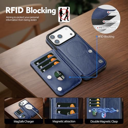 SkyEagle Compatible with MagSafe iPhone 17 Pro Max Case Wallet,Blue | Magnetic Clasp,RFID Blocking,PU Leather,Flip Folio Shockproof Phone Cover,with Credit Card Slots & Kickstand for Men & Women - color: Blue, size: iPhone 17 Pro Max - 6.9"