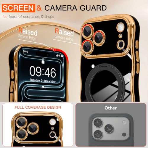 tharlet for iPhone 17 Pro Max Case Black with 360° Spin Magnetic Stand | Cute Luxury Plating Gold Curly Wave Edge, [Compatible with Magsafe] Full Camera Lens Protection ,Women Girl daily matching - color: Black Curly Edge, size: iPhone 17 Pro Max