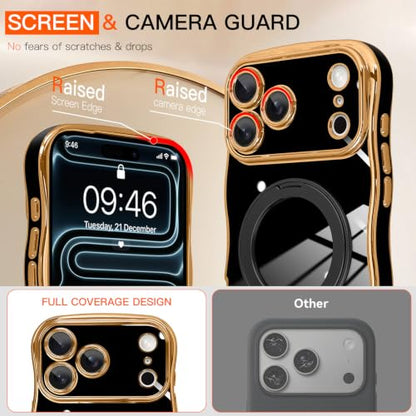 tharlet for iPhone 17 Pro Max Case Black with 360° Spin Magnetic Stand | Cute Luxury Plating Gold Curly Wave Edge, [Compatible with Magsafe] Full Camera Lens Protection ,Women Girl daily matching - color: Black Curly Edge, size: iPhone 17 Pro Max