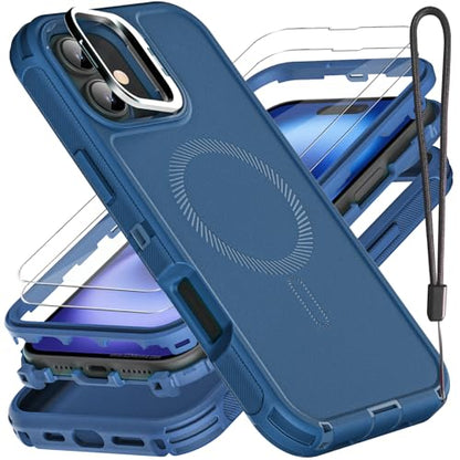 YKHJKLEC for iPhone 16 Case, Military Grade 3 in 1 Heavy Duty Shockproof/Drop Proof/Dust Proof with Kickstand Case, with 2 x Tempered Glass Screen Protector & 1 x Wrist Strap (ZJ-Navy Blue) - color: ZJ-Navy Blue