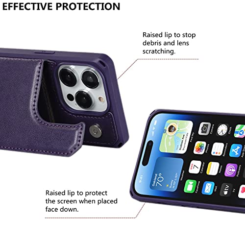 iCoverCase Compatible with iPhone 14 Pro Wallet Phone Case with Card Holder for Women, RFID Blocking Embossed PU Leather Wrist Strap Case 6.1 Inch (Macaron Dark Purple) - color: P-Dark Purple
