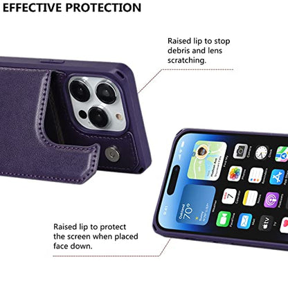 iCoverCase Compatible with iPhone 14 Pro Wallet Phone Case with Card Holder for Women, RFID Blocking Embossed PU Leather Wrist Strap Case 6.1 Inch (Macaron Dark Purple) - color: P-Dark Purple