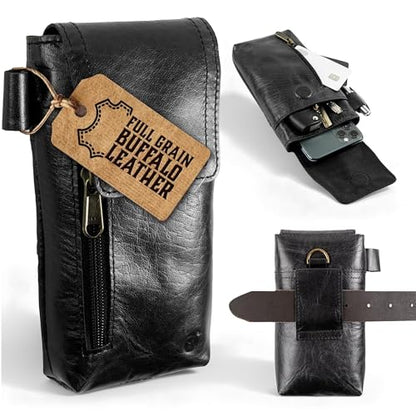 Moonster Leather Phone Holster – Genuine Full-Grain Leather for iPhone 17/16/15/14 Pro Max & Plus, Galaxy S25/S24 Ultra – Belt Clip Style for Men with Magnetic Closure, Fits Thick Cases – 7” x 3.5” - color: Black