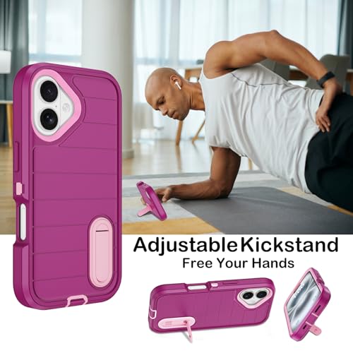 for iPhone 16 Case with Screen Protector, Heavy Duty Shockproof Drop Protection Military Grade Tri-Layer Full Covered Rugged Durable Cell Phone Cover with Built-in Invisible Kickstand 6.1" (Purple) - color: Purple