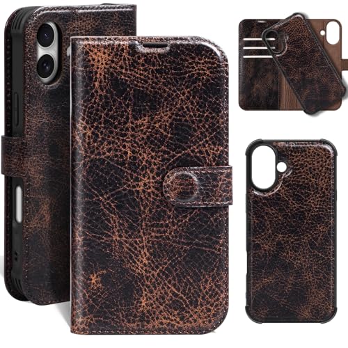 Leather Case Compatible with iPhone 16 Wallet 6.1" | Genuine Leather 2-in-1 Magnetic Detachable Shockproof,Flip Folio Cover with Card Slot, RFID Blocking Brown Coffee - color: Brown Coffee, size: 16