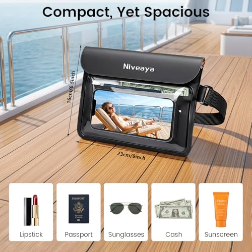 Niveaya IPX8 Waterproof Fanny Pack, Waterproof Pouch Dry Bag for Beach, Kayaking, Swimming, Boat Travel Cruise Essentials, Waterproof Phone Bag Passport Holder for Women Men(2 Pack) - color: Black+Blue