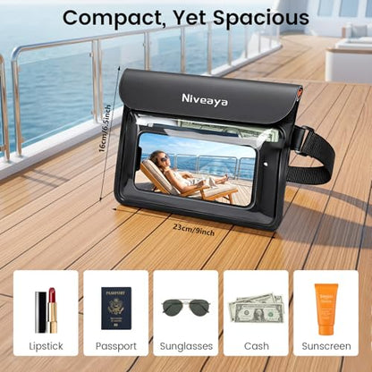 Niveaya IPX8 Waterproof Fanny Pack, Waterproof Pouch Dry Bag for Beach, Kayaking, Swimming, Boat Travel Cruise Essentials, Waterproof Phone Bag Passport Holder for Women Men(2 Pack) - color: Black+Blue