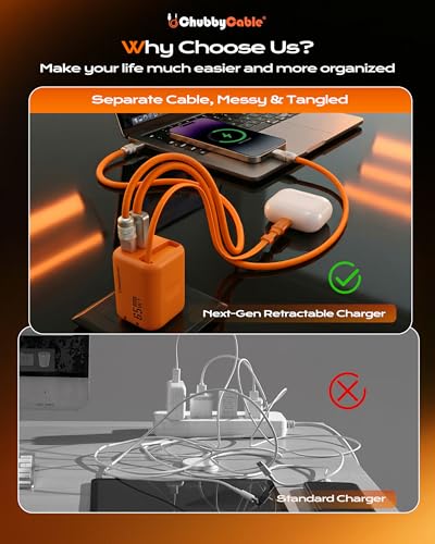 ChubbyCable 65W GaN Wall Charger with Retractable USB C Cable, Orange