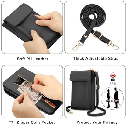 DOB SECHS Leather Passport Wallet Crossbody Phone Bag, RFID Blocking Passport Holder Credit Cards Case for Women - color: Black-2