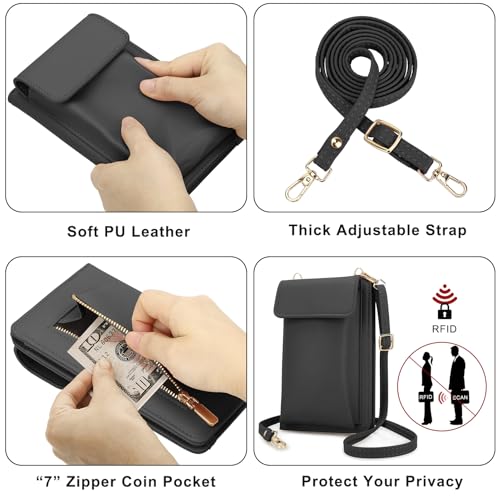 DOB SECHS Leather Passport Wallet Crossbody Phone Bag, RFID Blocking Passport Holder Credit Cards Case for Women - color: Black-2