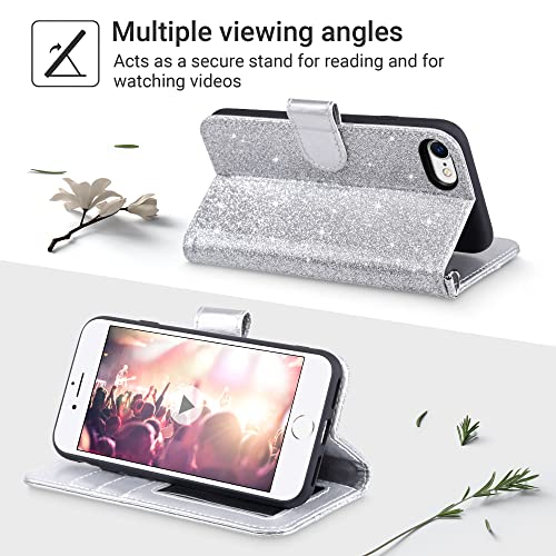 ULAK for iPhone SE 3(2022)/SE(2020)/8/7 Wallet Case Card Holder, Silver | Premium PU Leather Flip Case with Kickstand Card Slots,RFID Blocking,Wrist Strap, Durable Shockproof Cover 4.7 Inch - color: Silver