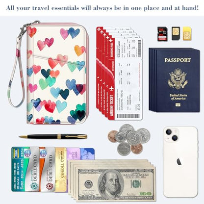 FINTIE Family Passport Holder Wallet Travel Document Organizer Clutch Bag | RFID Blocking Credit Cards Case Cover for Women Men - color: Raining Hearts