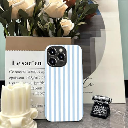Compatible with iPhone 15 Pro Case,Glossy 2-in-1 Sleek All-Inclusive Dual-Layer Material Soft TPU + PC Back for Blue Stripes Geometric Pastel Summer Beach - color: Blue Stripes Geometric Pastel Summer Beach-Glossy, size: iPhone 15 Pro