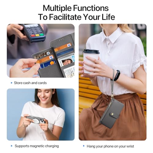 for iPhone 17 Pro Case Wallet, Detachable Magnetic Wallet Case | Compatible with Magsafe, RFID Blocking, PU Leather Flip Folio Case, Wrist Strap Wallet Case, Zipper Coin Pocket - color: Gray, size: iPhone 17 Pro