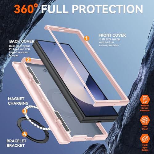 Upgraded 360° Spin Magnetic Invisible Ring Stand for Samsung Galaxy Z Fold 6 Case,[Compatible with MagSafe][S Pen Holder][Hinge Protection][Screen Protector],Shockproof Full Body Phone Cover (Pink) - color: Pink