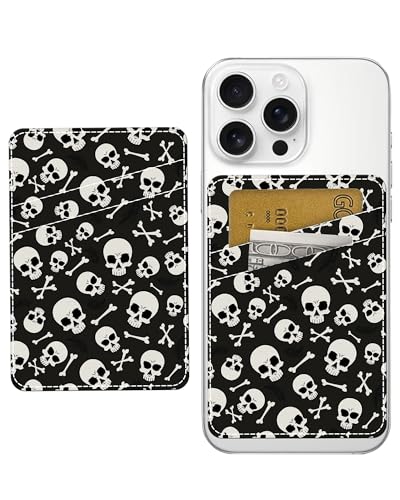 Phone Card Holder, Dual Pocket Leather Phone Wallet Adhesive Stick On, Cute Card Holder, Credit Card Holder for Phone Case Fashion Skull - color: Fashion Skull