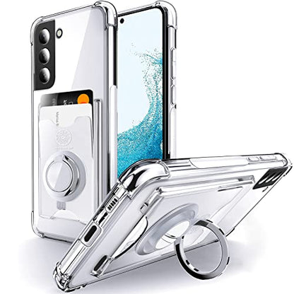 Shields Up for Samsung Galaxy S22 Case, Galaxy S22 Case, Minimalist Wallet Case with Card Holder and Ring Kickstand/Stand, [Drop Protection] Slim Protective Shockproof Cover for Samsung S22 - Clear | Minimalist Wallet Case, 3 Card Slots, 360° Rotation Rin