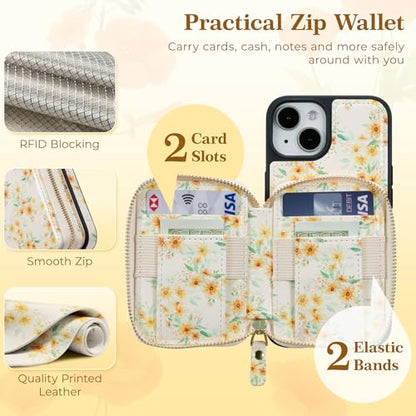 ZCDAYE Zipper Crossbody Wallet Case for iPhone 13/14, Sunflower | Flip Folio PU Leather, Practical Card Holder, Adjustable Lanyard Strap, RFID Blocking, Warm Sunflower Girly Phone Case - color: Sunflower, size: iPhone 13/14