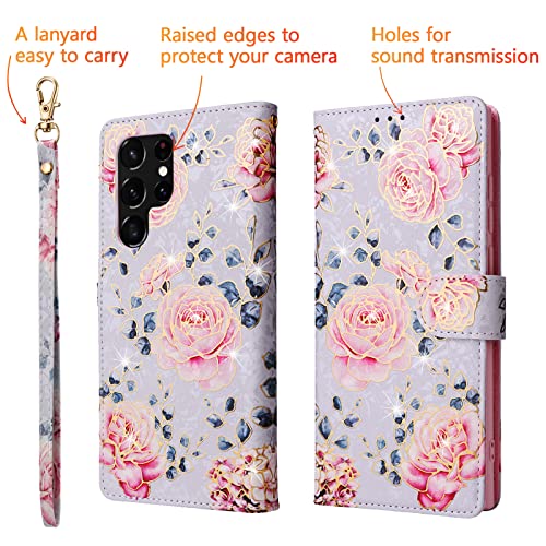 UEEBAI Wallet Case for Samsung Galaxy S23 Ultra 5G, PU Leather Phone Case Kickstand RFID Blocking Flip Case Card Slots Wrist Strap Relief Engraved Pattern Magnetic Closure Folio Case - Purple Rose - color: Purple Rose, size: Samsung Galaxy S23 Ultra 5G