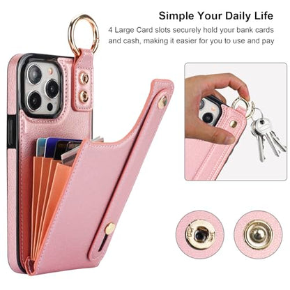 Folosu for iPhone 15 Pro Max Wallet Case with Card Holder, Hand Wrist Strap Loop Holder Kickstand, RFID Blocking Finger Grip Ring PU Leather Double Buttons Shockproof Cover 6.7" Rose Gold - color: Rose Gold