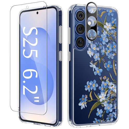 GVIEWIN for Samsung Galaxy S25 Case, Clear Floral Slim Shockproof Protective Women Phone Case, Non-Yellowing, with Screen Protector & Camera Lens Protector for Galaxy S25 6.2", Aconite/Blue - color: Aconite/Blue, size: For Galaxy S25 6.2"