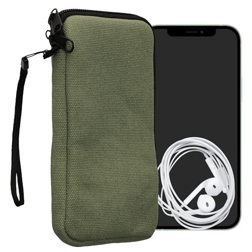 kwmobile Canvas Phone Pouch XL - 6.7/6.8" - Universal Cell Sleeve Mobile Bag with Zipper and Soft Microfibre Lining - Olive Green - color: olive green