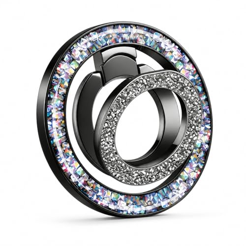 Bling Phone Ring Holder, Crystal Magnetic Phone for MagSafe Grip with 360° Rotating Adjustable Kickstand, Double Magnetic Ring Stand for iPhone 17/16/15/14/13/12 Series, Black - color: black